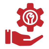 Red gear and wrench above a hand.