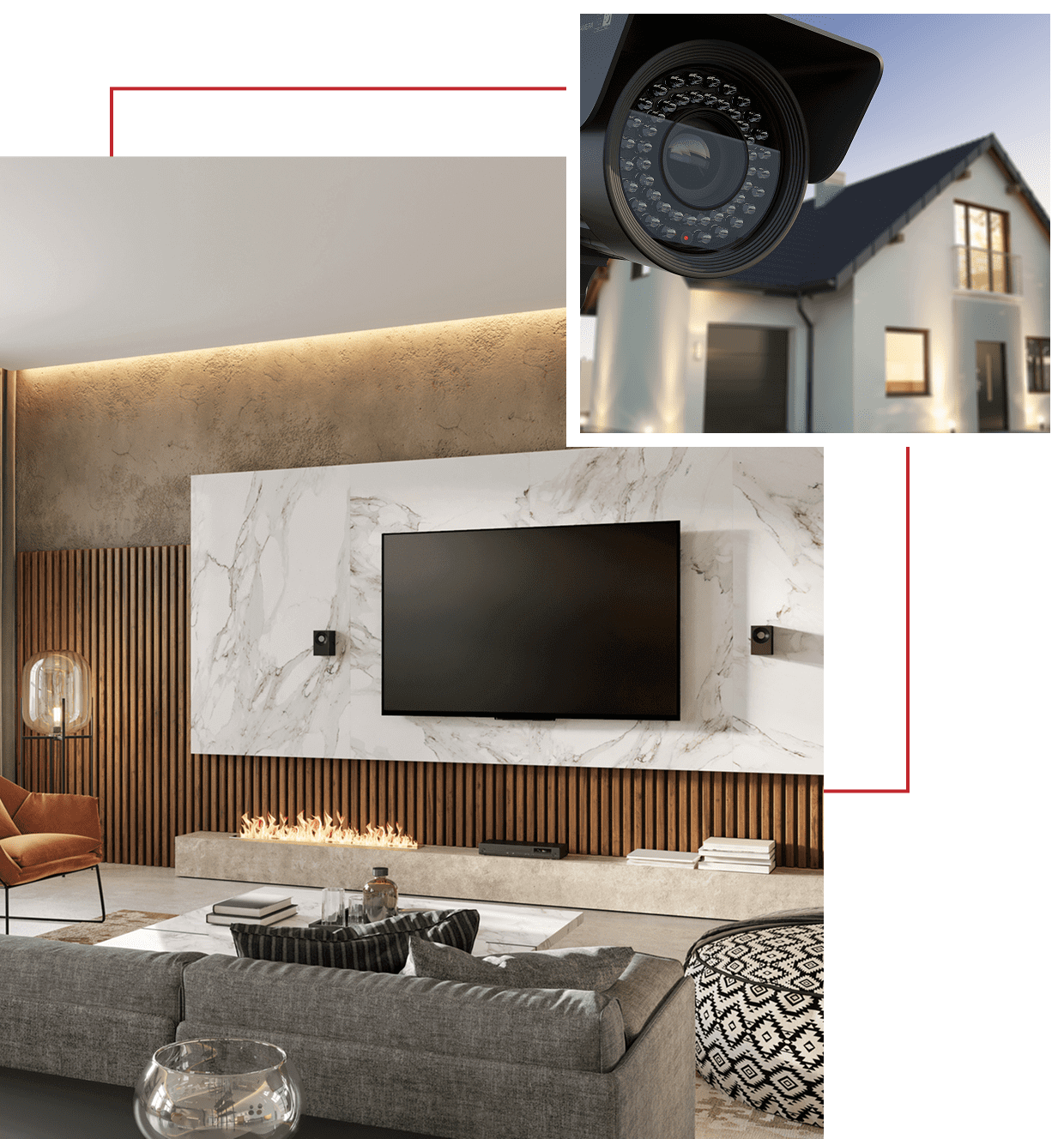 Modern living room with wall-mounted TV and security camera outside.
