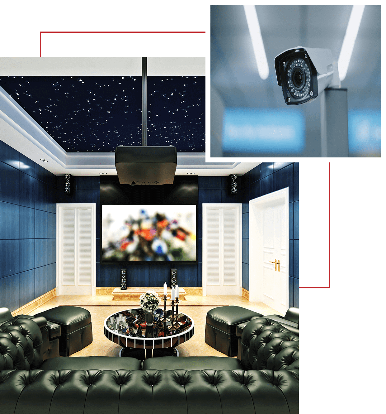 Modern home theater room with a large screen and comfortable seating.