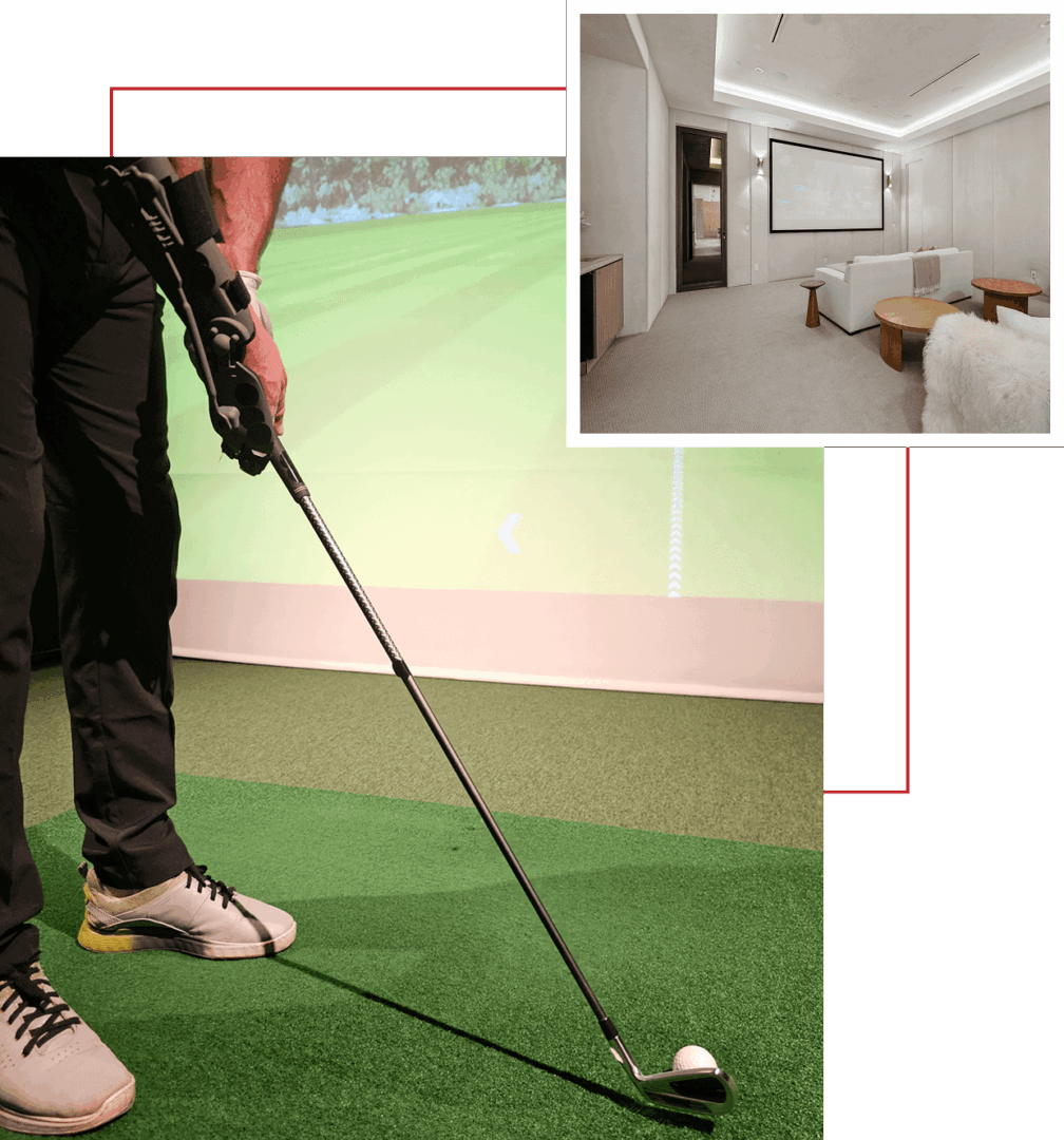 Person playing golf in an indoor simulator room.