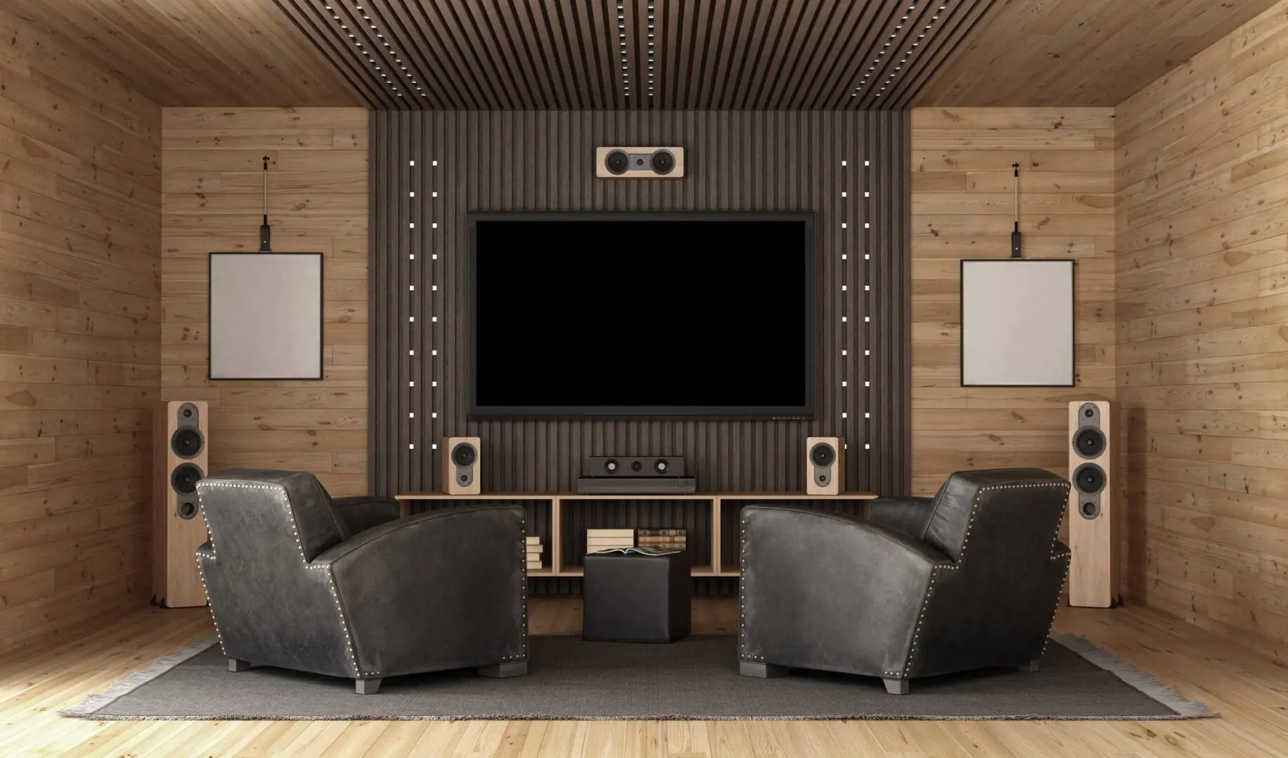 Cozy home theater with plush seating and wood-paneled walls.