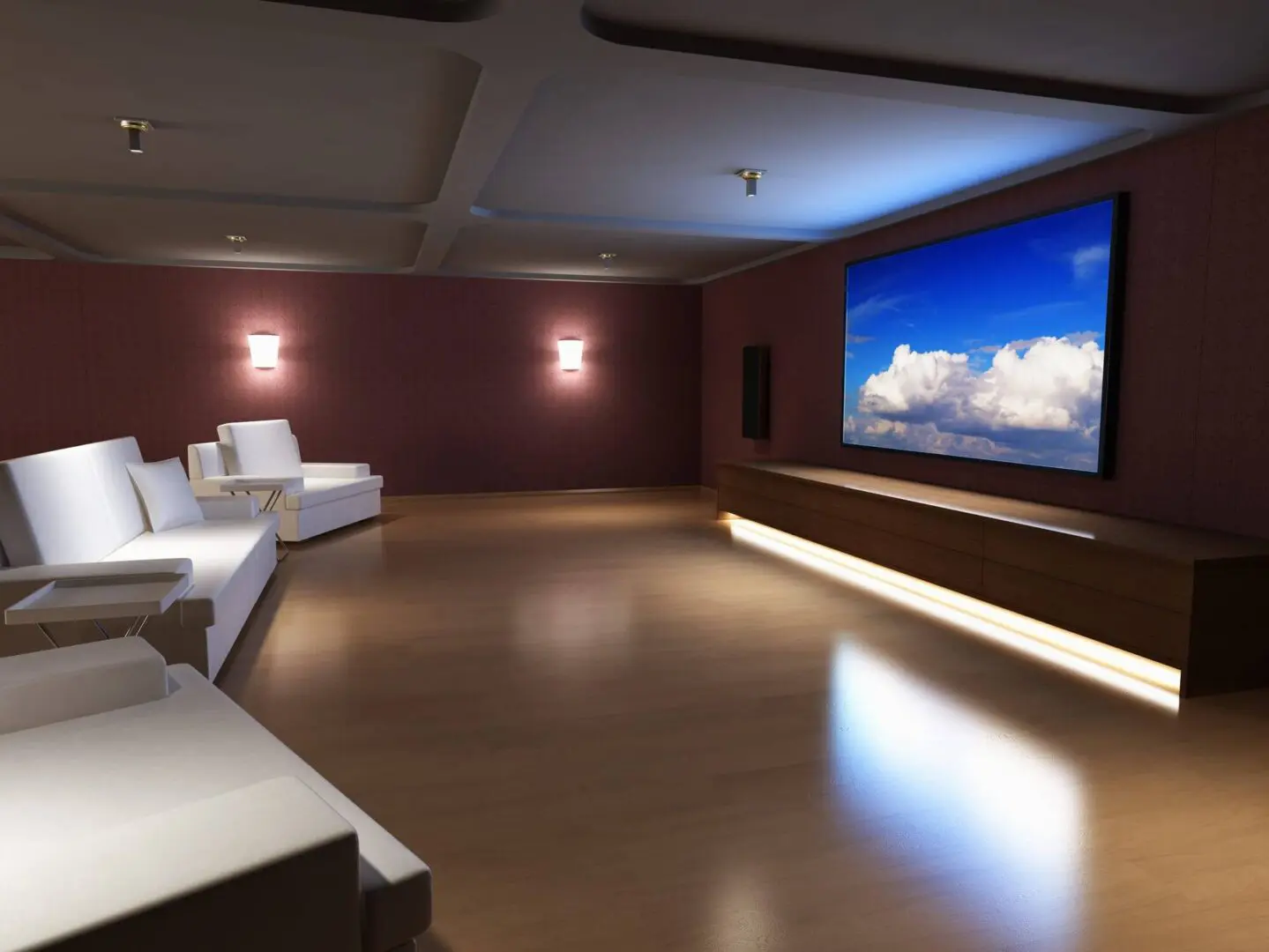 Modern gallery room with large digital screen and seating.