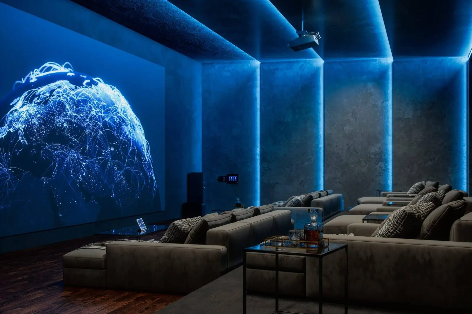 Futuristic lounge with blue lighting and a large digital globe display.