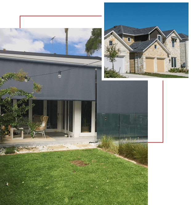 Modern house with a large glass door and green lawn.