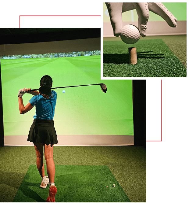 A woman practicing golf indoors with a virtual simulator and a close-up of a golf ball on a tee.