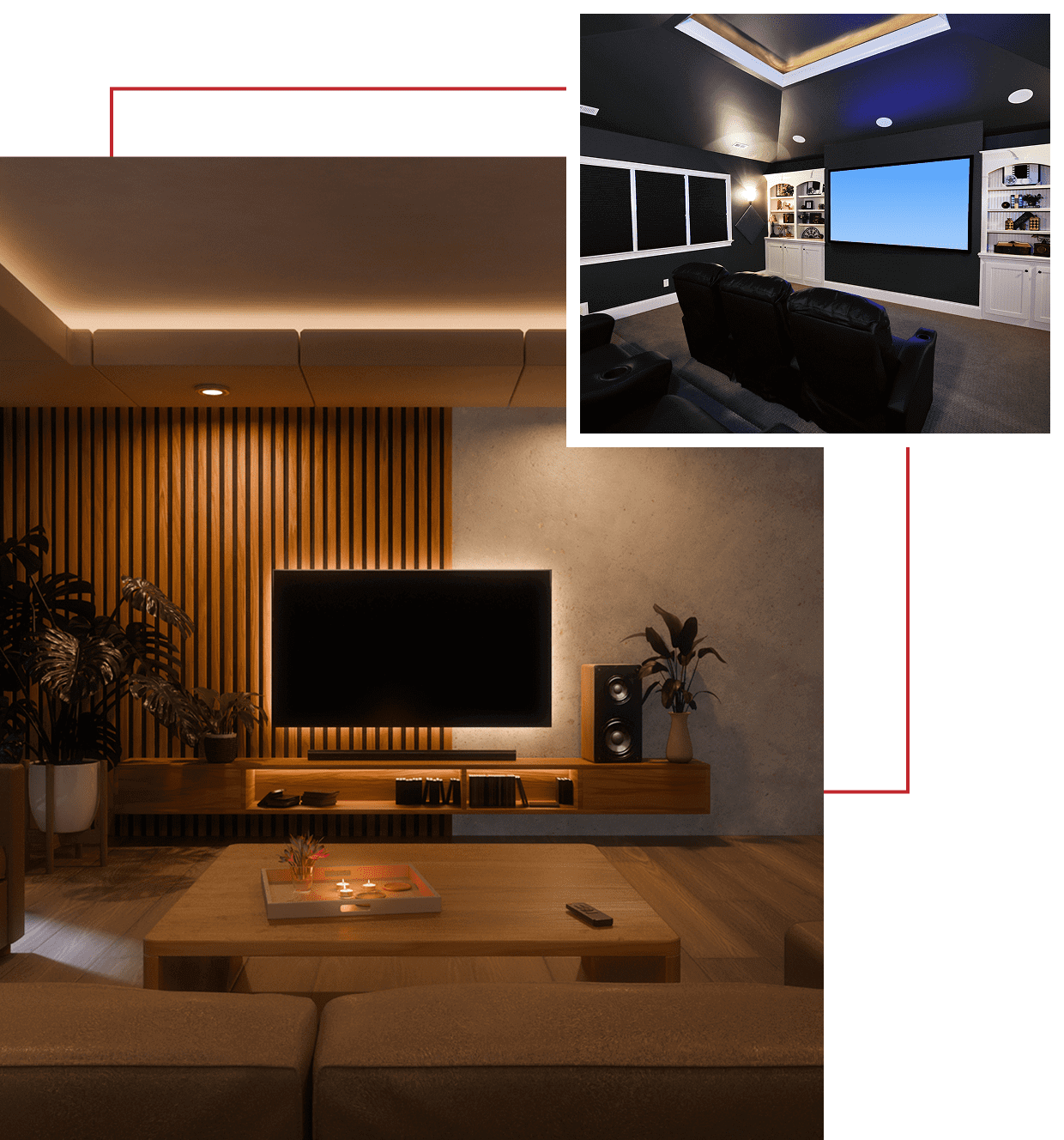 Cozy modern living room with warm lighting and minimalist decor.
