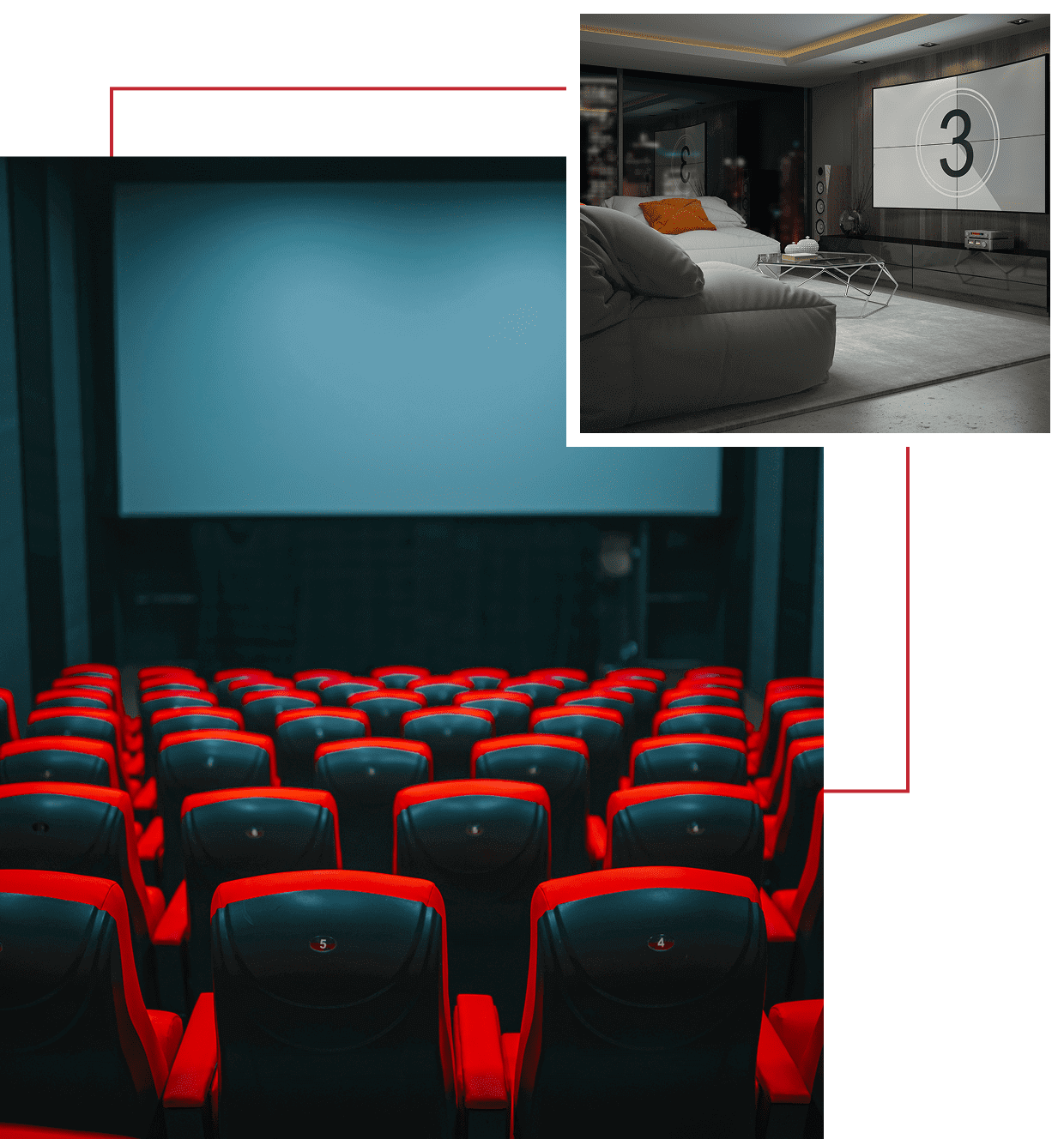 Empty movie theater with red and black seats facing a blank screen.
