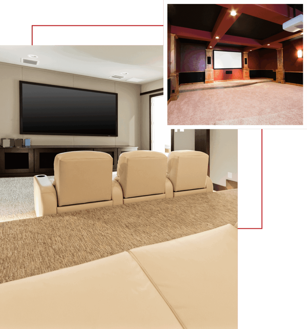 Cozy home theater with comfortable seating and a large screen.