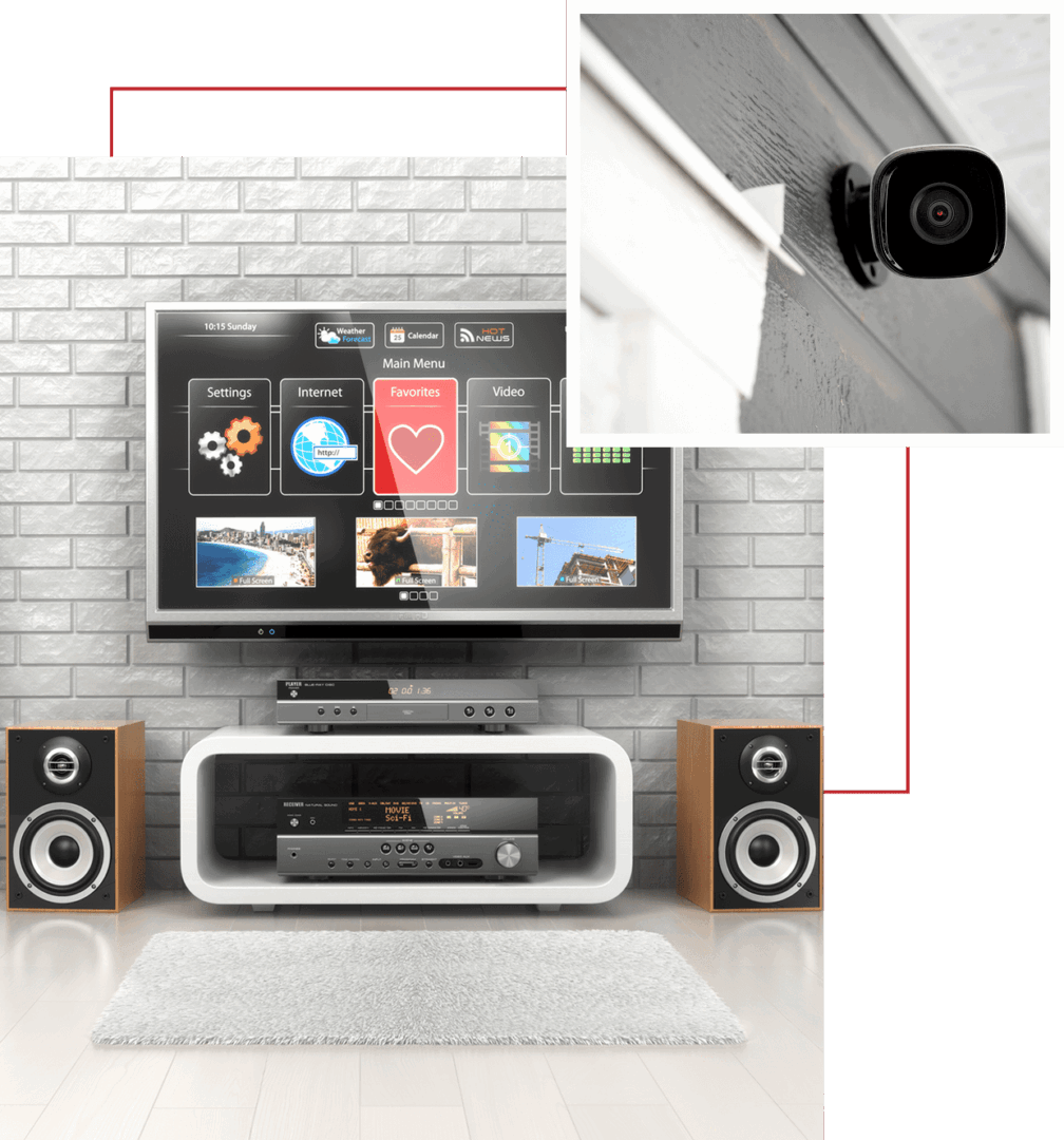 Home entertainment system with a wall-mounted TV and security camera.