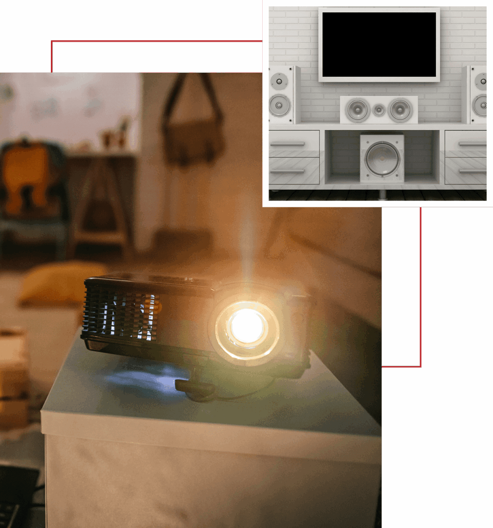 A projector shines light in a cozy living room setting.