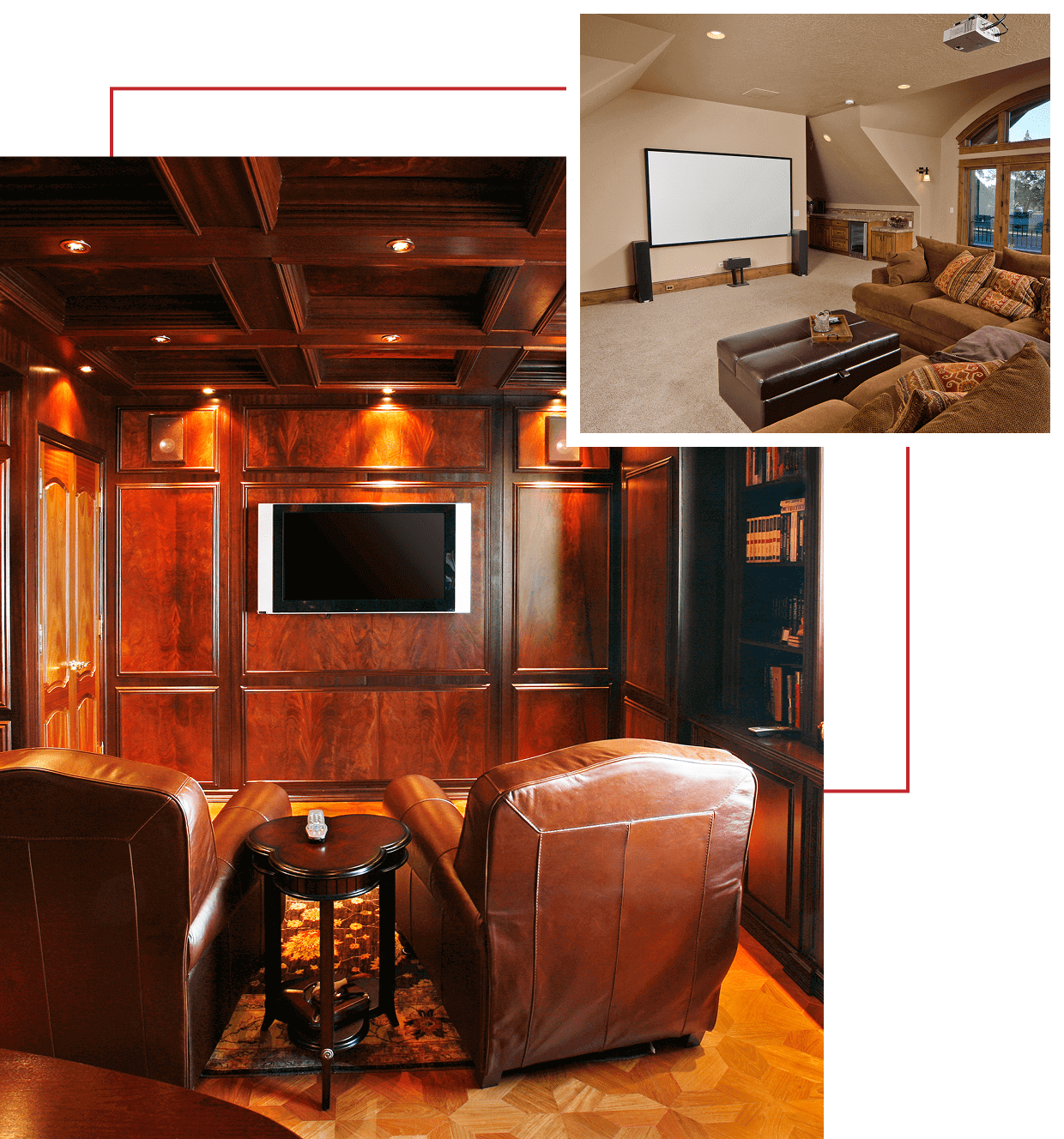 Cozy wooden-paneled room with leather chairs and a TV setup.