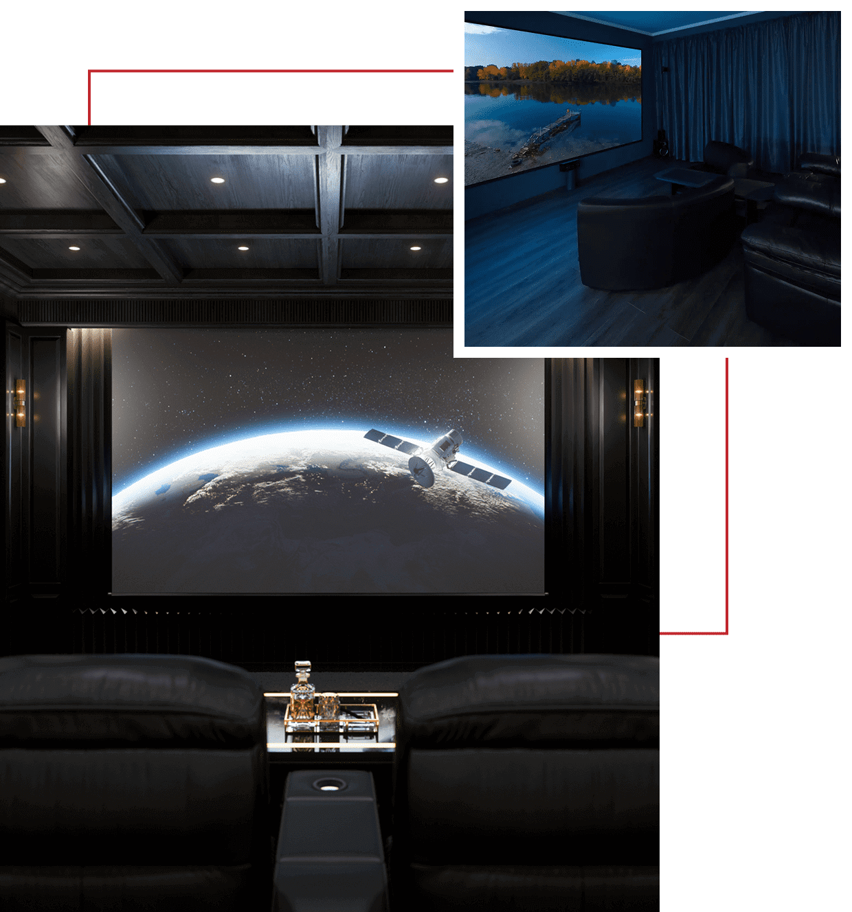 Luxurious home theater with space and stunning space-themed screen.