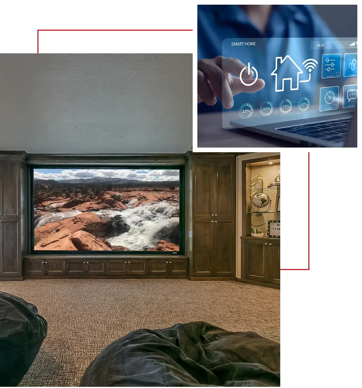 Home theater with smart home control panel.