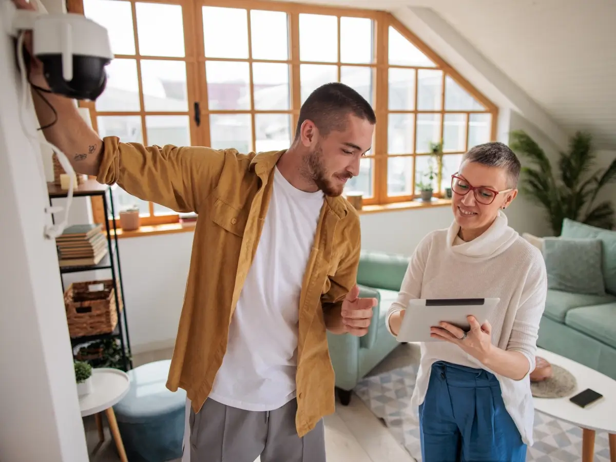 Man and woman installing indoor security camera.