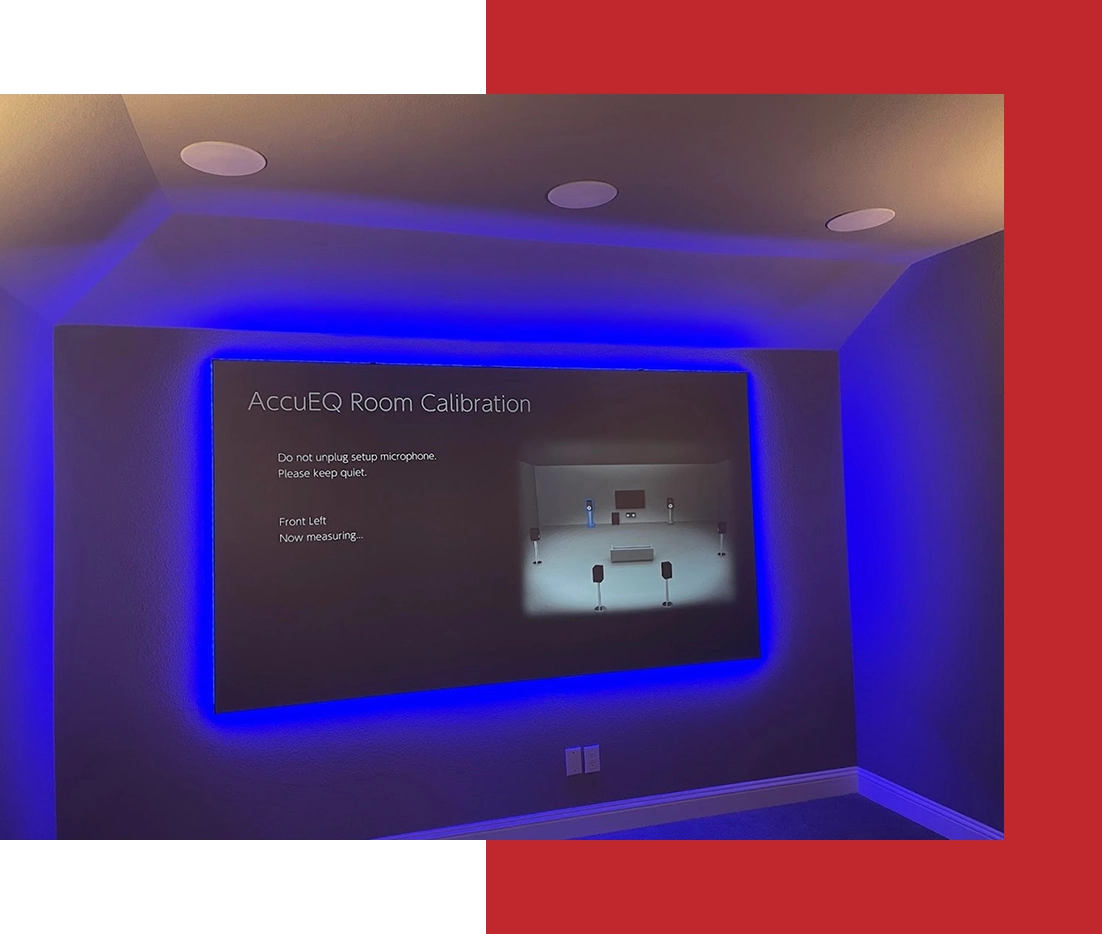 Room with screen displaying calibration instructions.