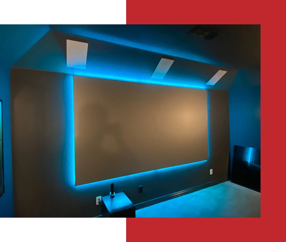 Home theater screen with blue LED lighting.