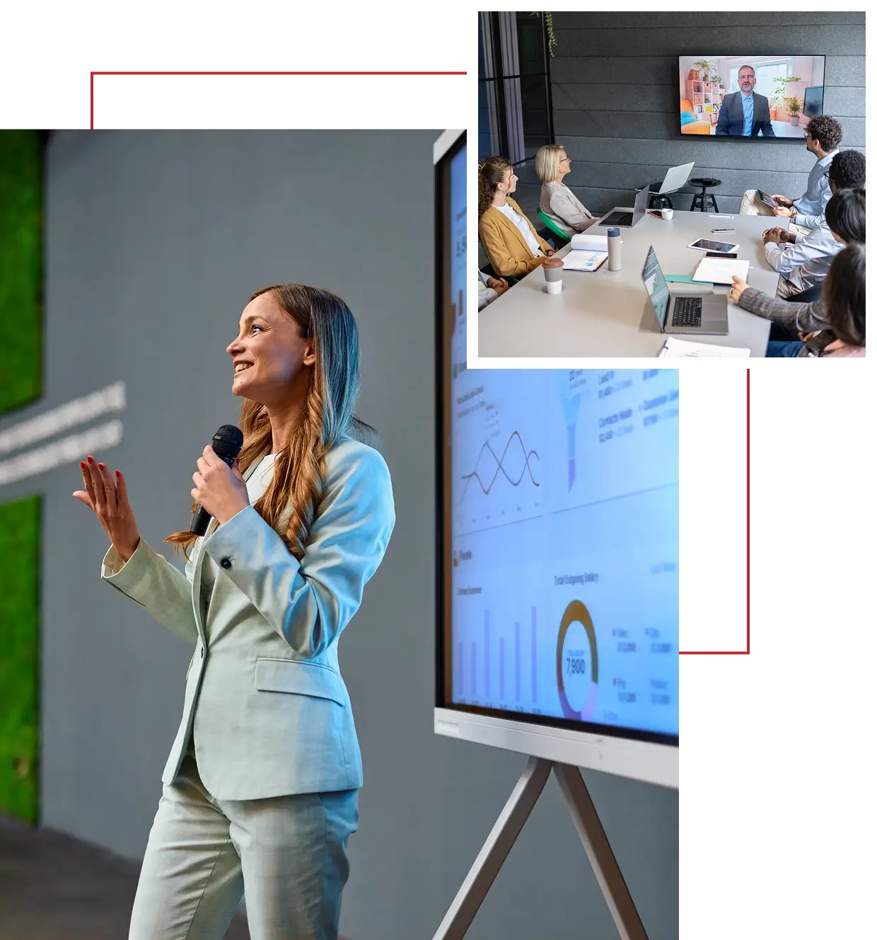 Woman presenting with microphone and conference call.