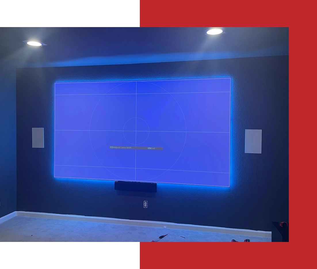 Home theater screen with blue LED lights.