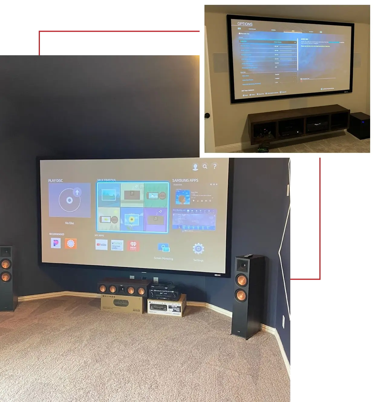Home theater setup with large projection screens.