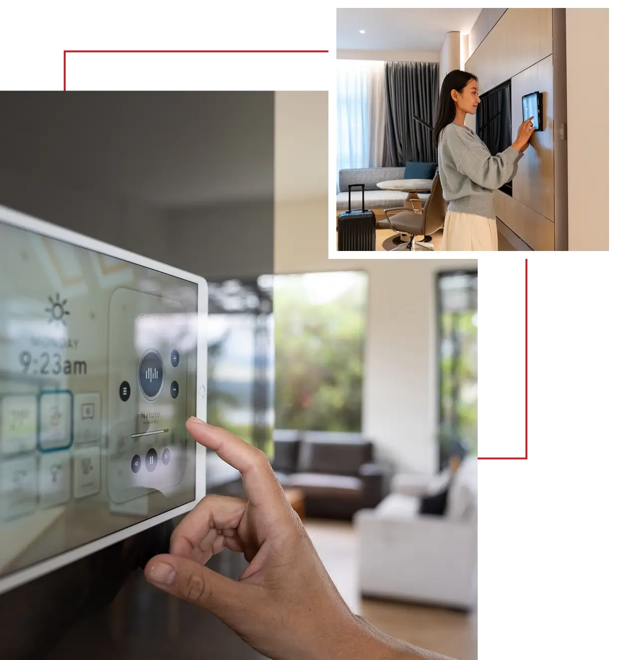 Smart home control panels being used indoors.