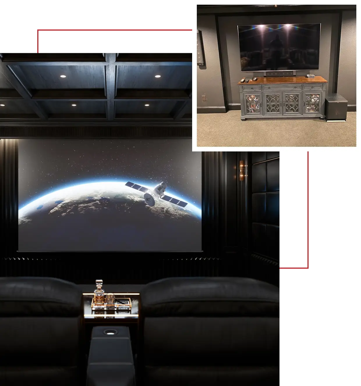 Home theater with large screen and seating.