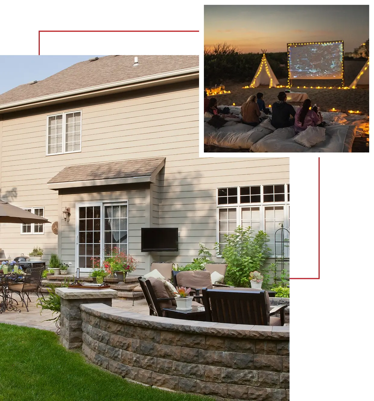 Backyard patio and outdoor movie night setup.