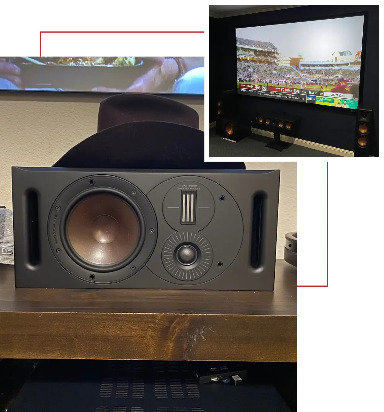 Home theater with speaker and projector screen.