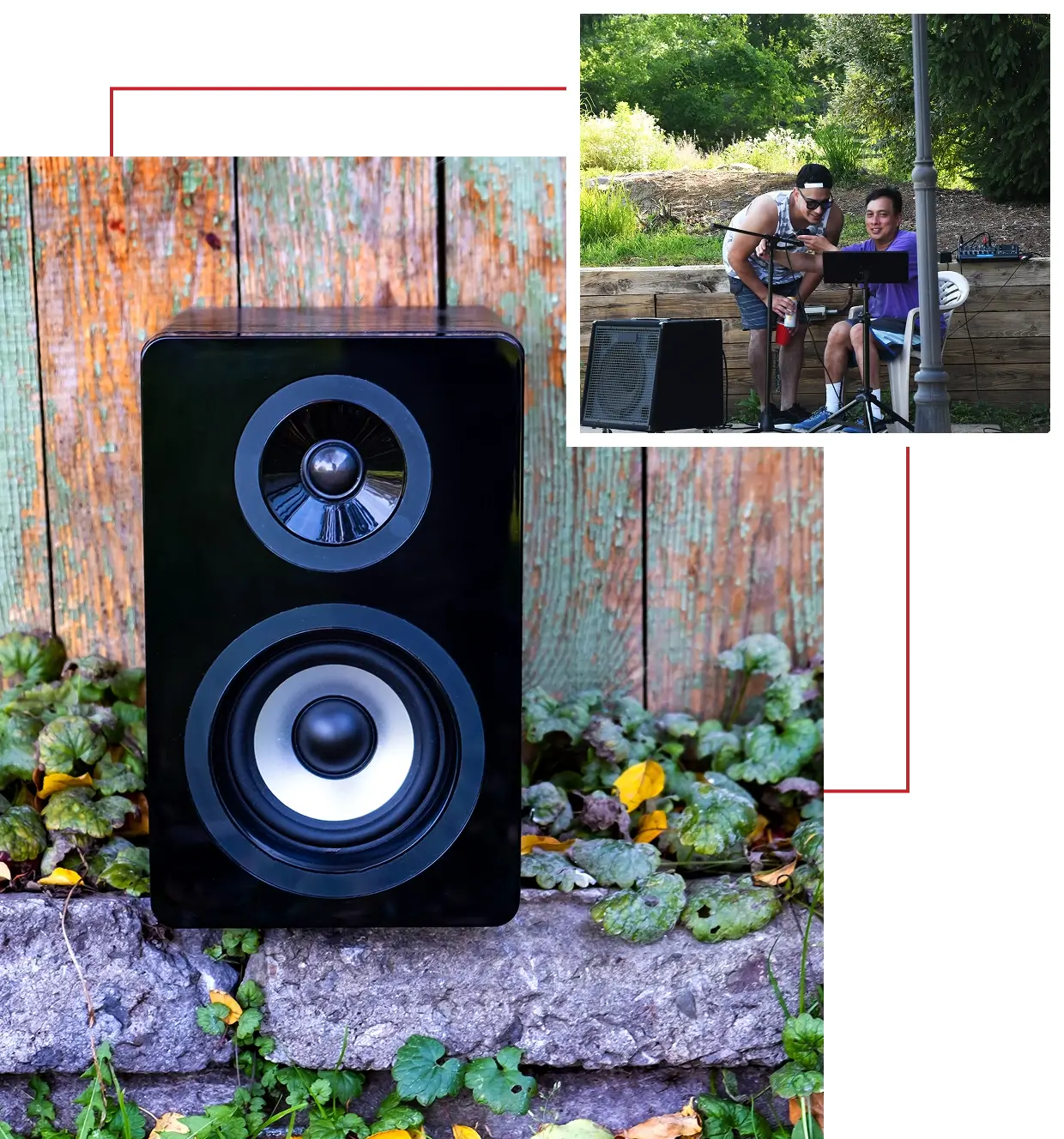 Speaker with two men outdoors, performing music.