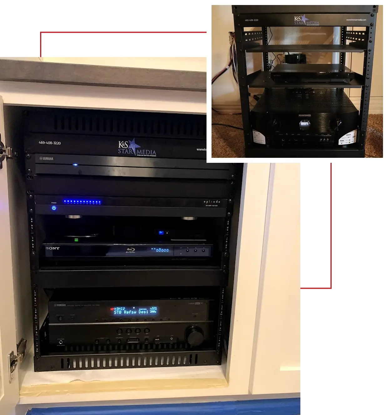 Audio-visual equipment rack with devices.