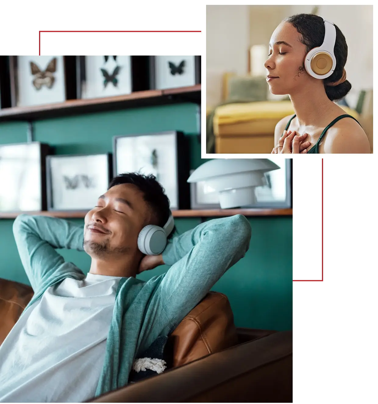 People relaxing with headphones, indoors.