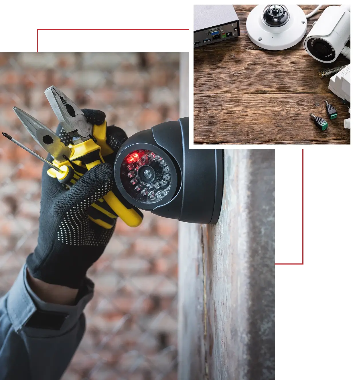 Installing security camera with tools nearby.