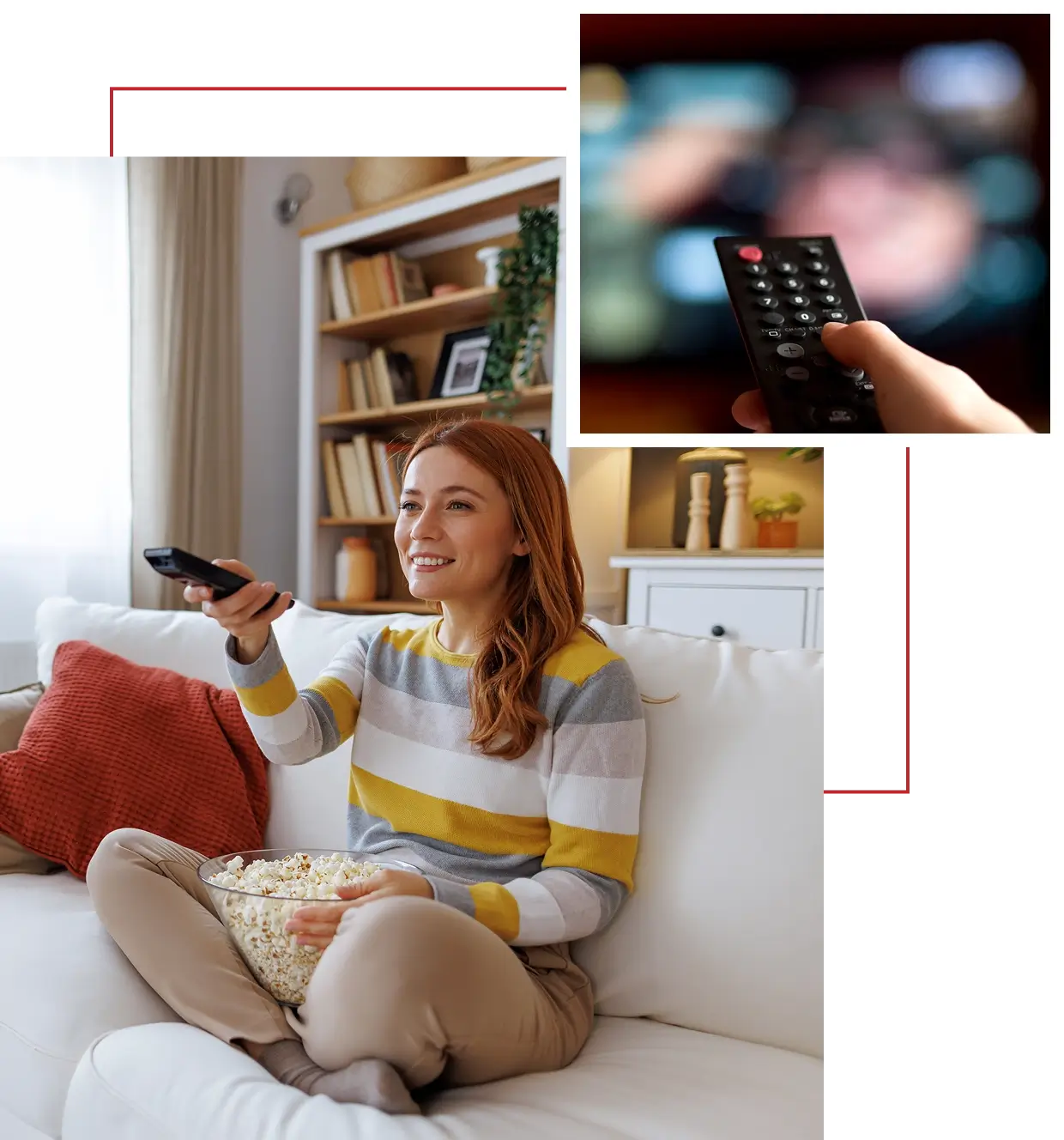 Woman watching TV with remote and popcorn.