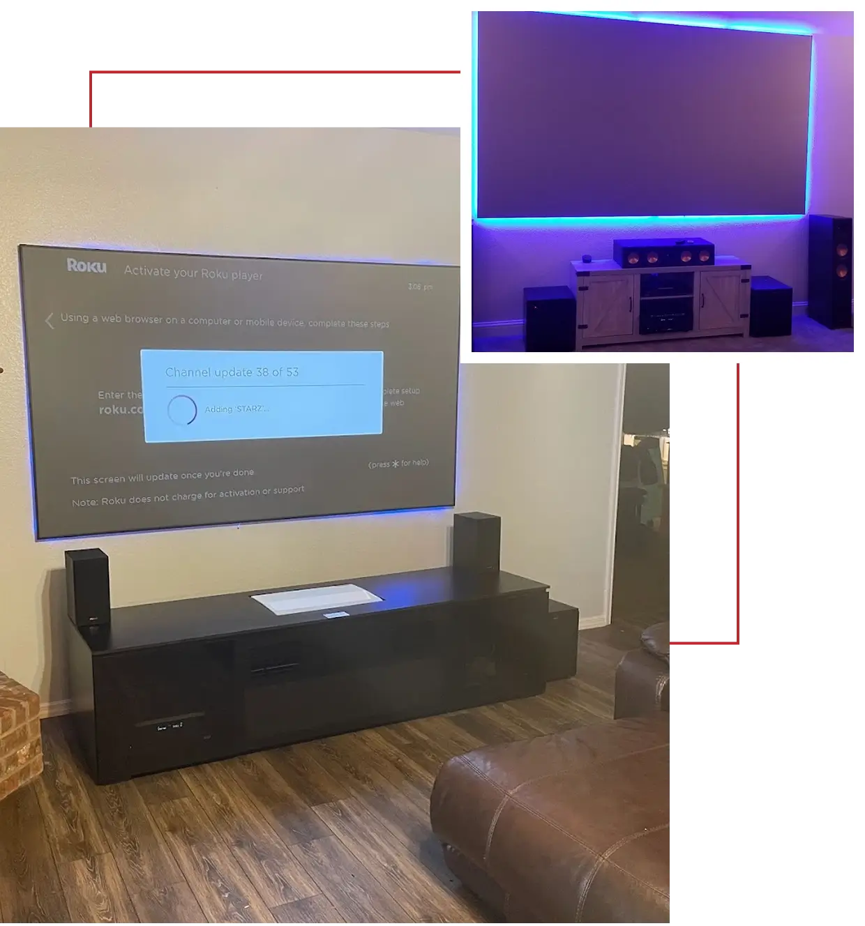 Home theater setup with two large screens.