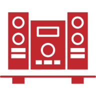 Red stereo system icon on black background.