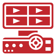 Red gaming console with screen and controls.