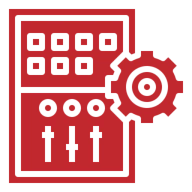 Red control panel with gear icon.