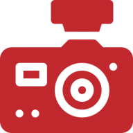 Red camera icon on black background.