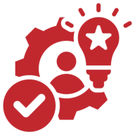 Red icons: gear, person, lightbulb, checkmark.