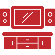 Red home entertainment system on black background.