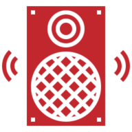 Red speaker icon with sound waves.