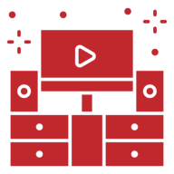 Home theater system with screen and speakers.