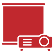 Red projector and screen on black background.