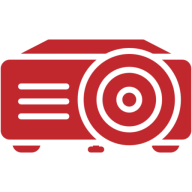 Red projector icon on black background.
