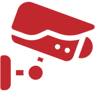 Red security camera icon on black background.