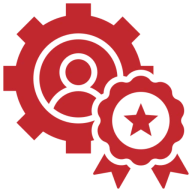 Red gear and badge with star icon.