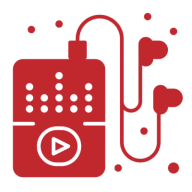 Red music player icon with earbuds.