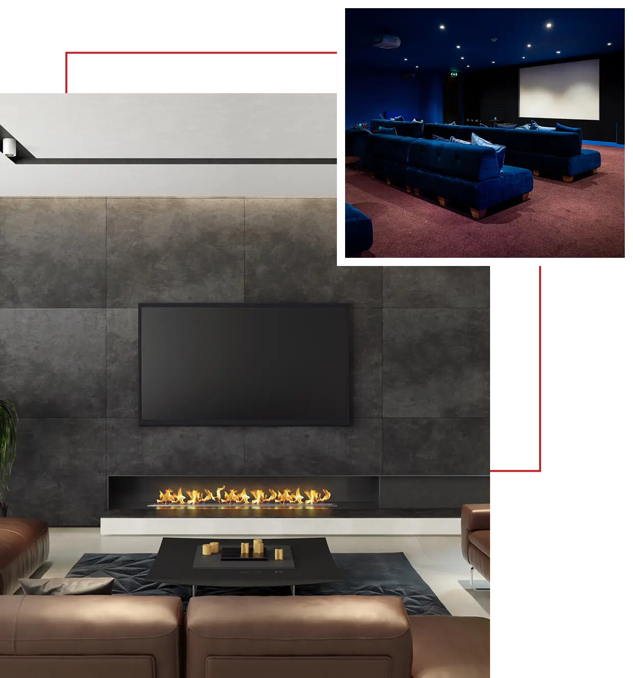 Modern living room with a fireplace and a cozy home theater setup.
