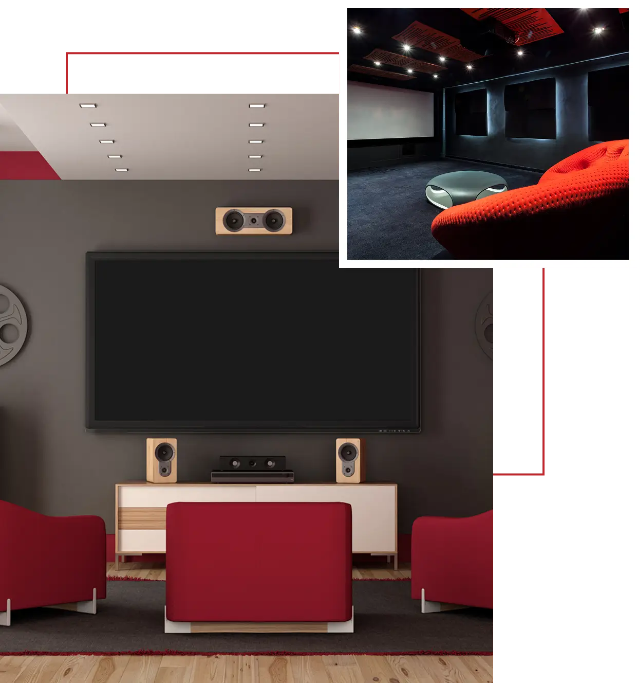 Modern home theater with red chairs and wall-mounted speakers.